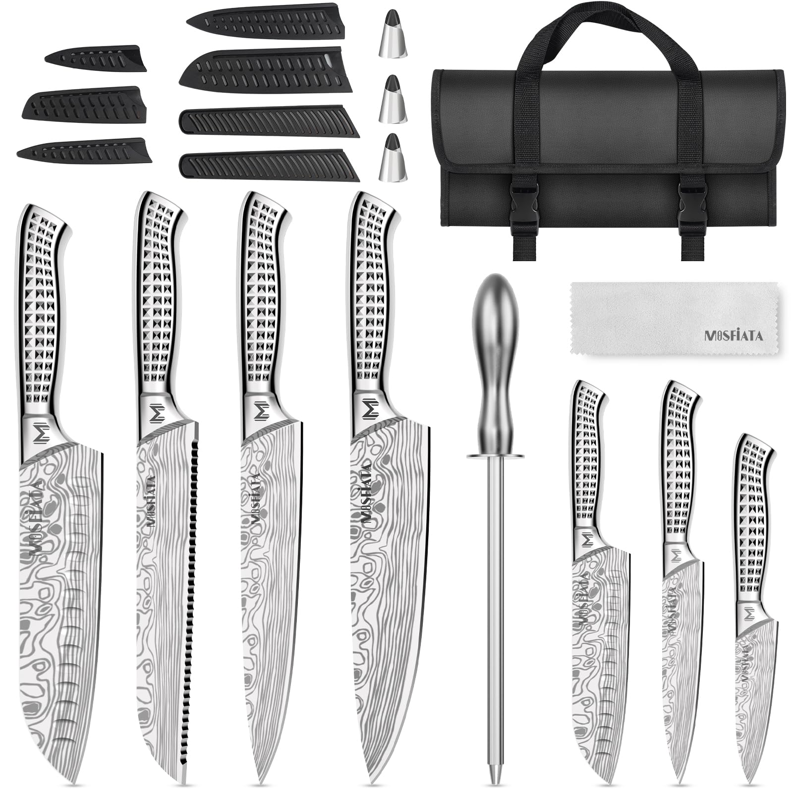 MOSFiATA Kitchen Knife Set 12 Pcs Japanese Stainless Steel Knife Sets for Kitchen with Oxford cloth storage bag with Knife Sharpening Rod Dishwasher Safe For Outdoor